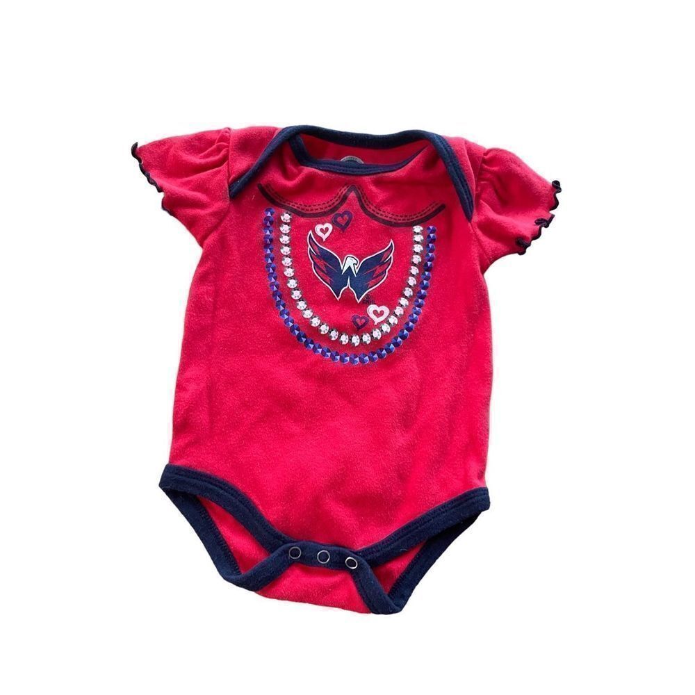 NHL capitals Baby Girl Red Shot Sleeve Ruffle Cotton Bodysuit Romper Size 3/6 Mo